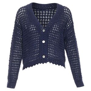 VINCE navy organic cotton crochet open knit scalloped cropped cardigan S